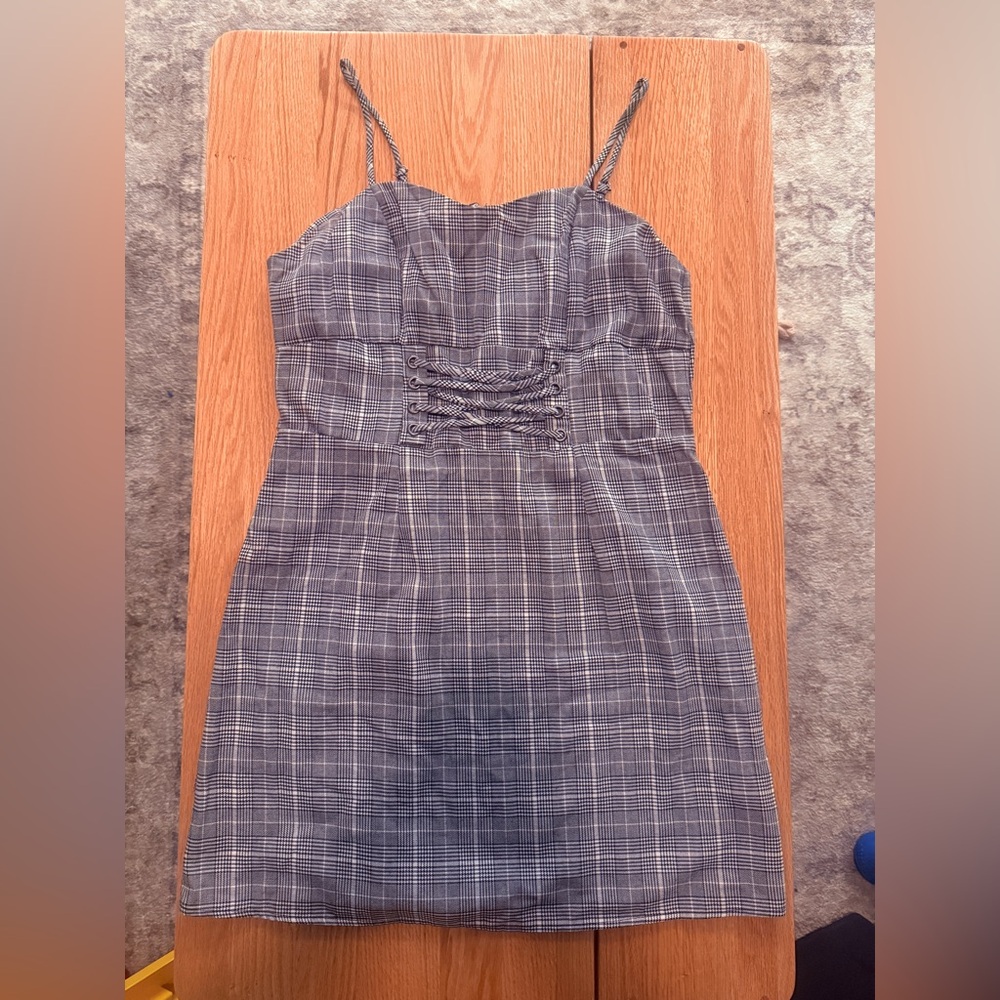Wild Fable Plaid Corset Mini Dress L Black Gray A-Line Spaghetti Strap